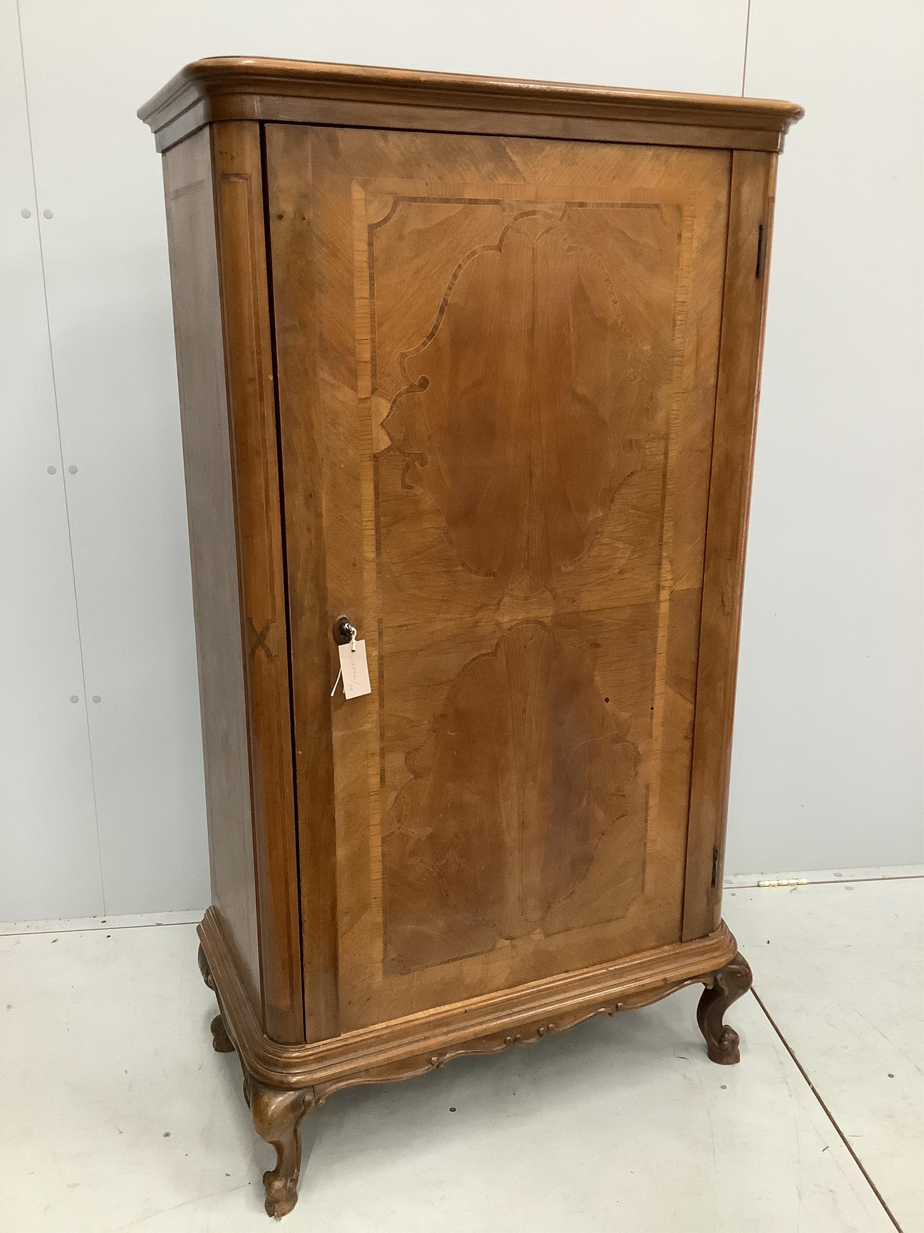 A small French banded walnut wardrobe, width 80cm, depth 43cm, height 148cm. Condition - good